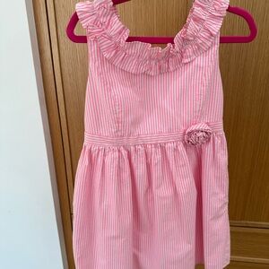 Lilly Pulitzer Pink Striped Ruffle Neck Dress with Rosette, Size 8